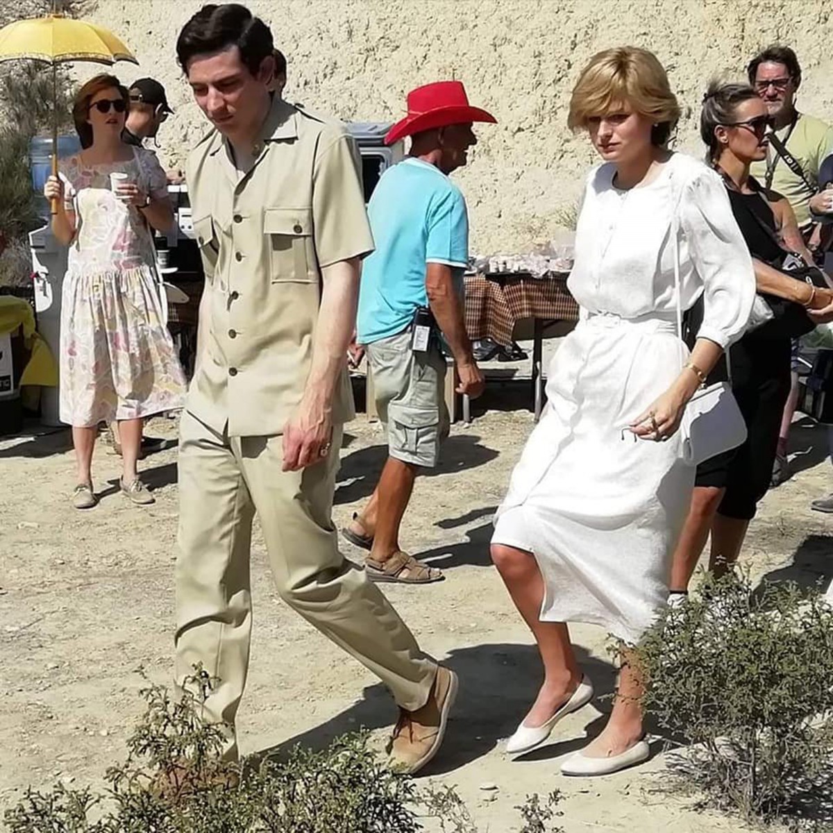 Josh O'Connor, as Prince Charles, and Emma Corrin, as Princess Diana, filming The Crown season four in Spain this month