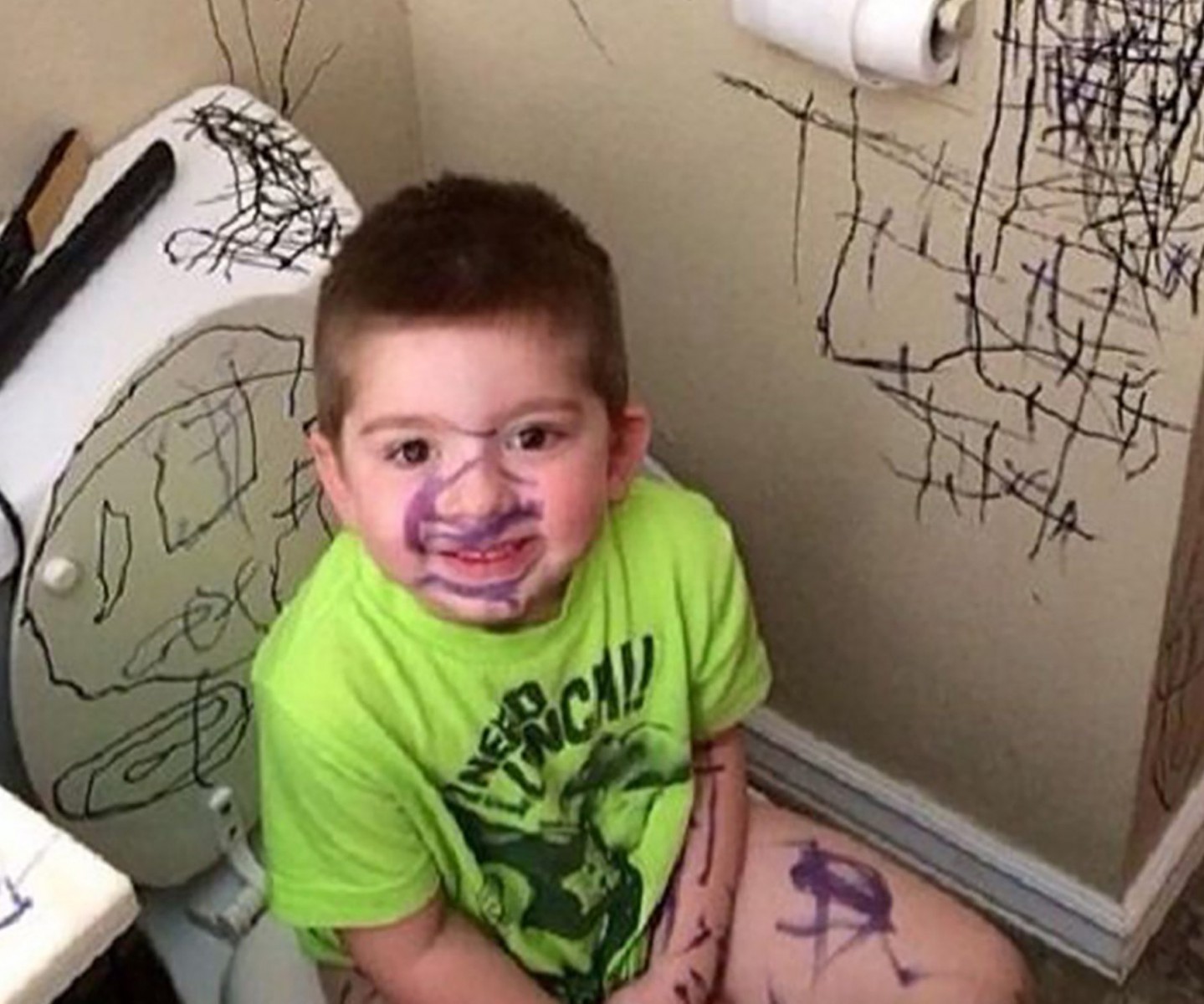 Lets hope it wasn't a permanent marker that this lad put to face, walls and toilet seat