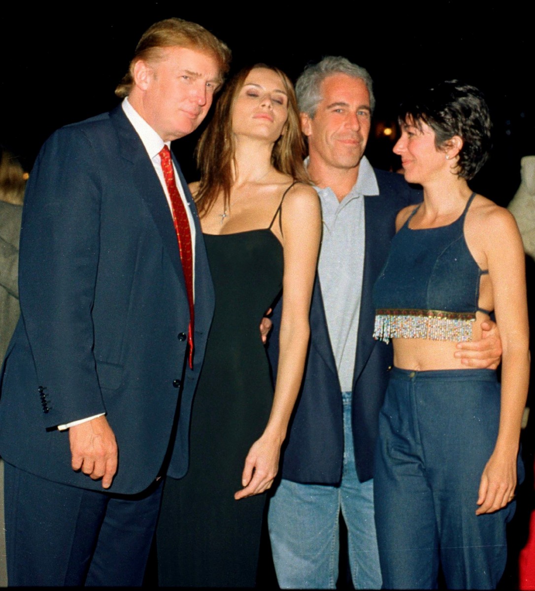 Jeffrey Epstein with his arm around Ghislaine Maxwell with Donald Trump and Melania Knauss, who he later married. Pictured here in February 2000