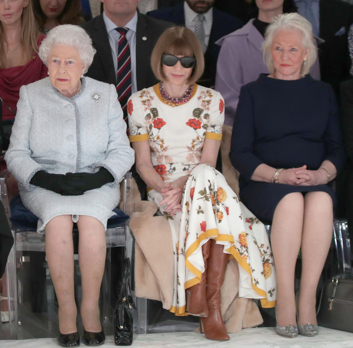 The Queen pictured with Angela, right, and Anna Wintour at a show during London Fashion Week in 2018