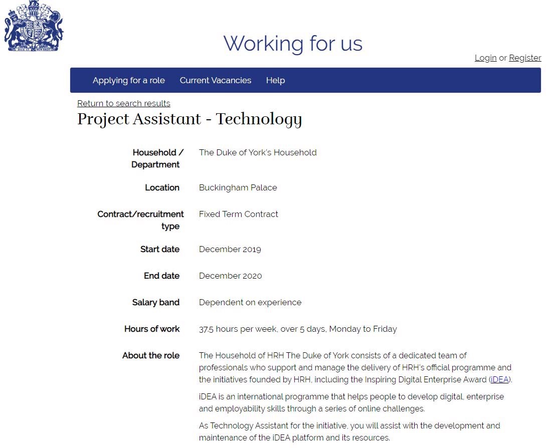 The Duke of York's household is looking for a tech assistant