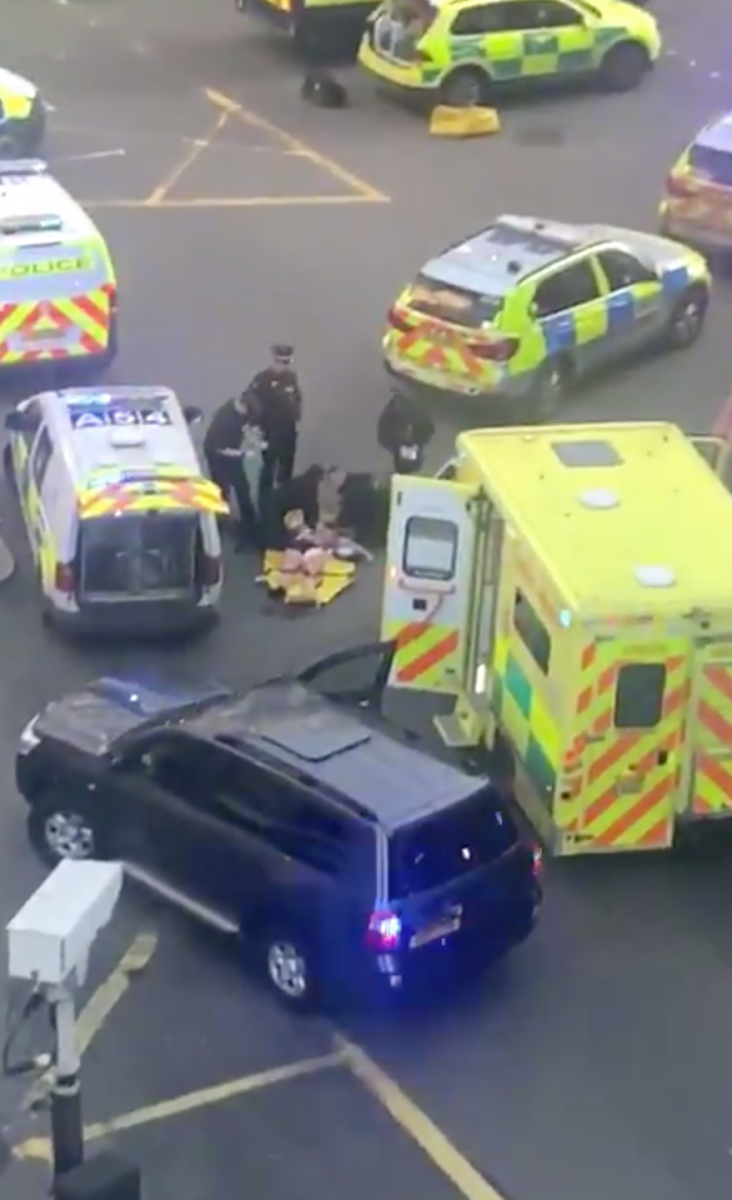 Emergency services can be seen giving a person CPR at London Bridge