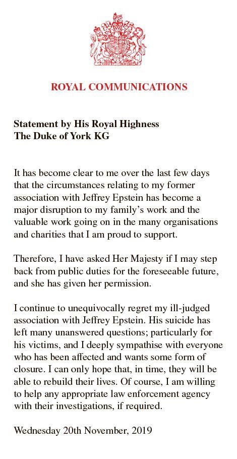 Prince Andrew released a statement saying he had stepped back from public duties