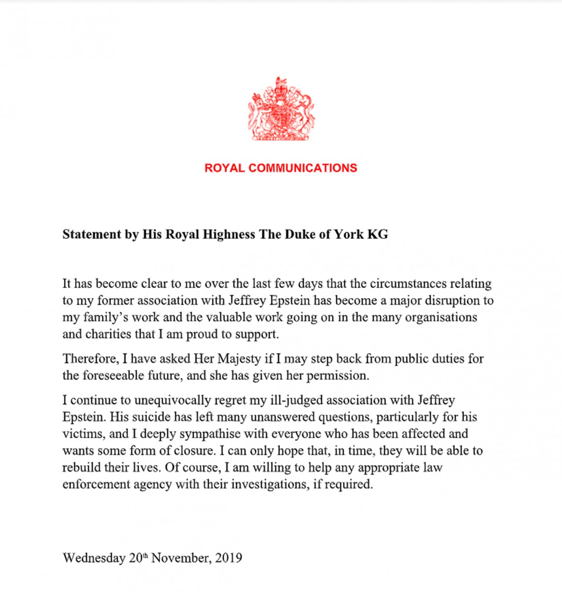 The statement released by Prince Andrew last night