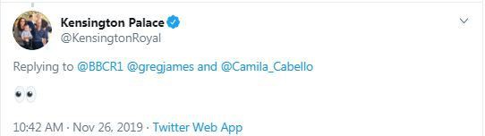 The royal account sent a cheeky emoji hinting they would be keeping their eye on Camila from now on
