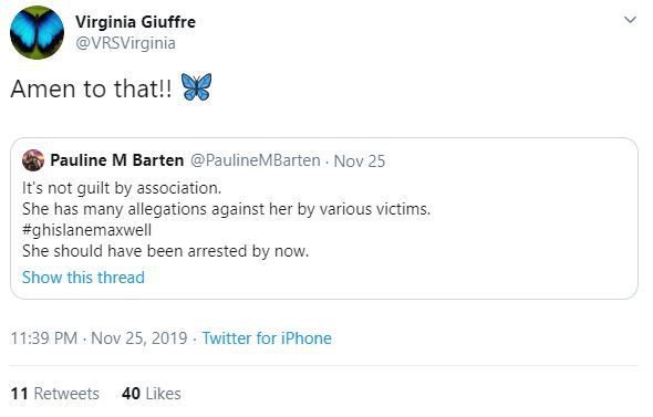 She also replied to a tweet saying Ghislaine Maxwell should have been arrested