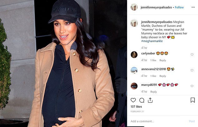  Meghan was first spotted in the necklace leaving her New York baby shower in February 
