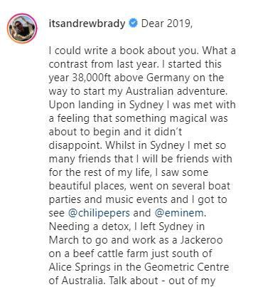 Brady shared a lengthy post about his year after moving to Australia