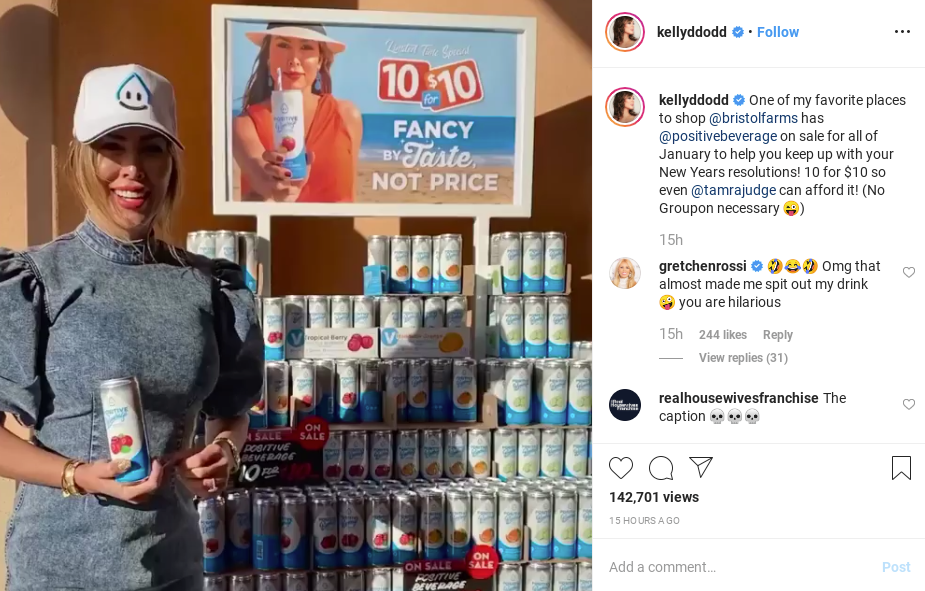 Kelly made the jab in a video telling Instagram followers that Positive Beverage is on sale at Bristol Farms