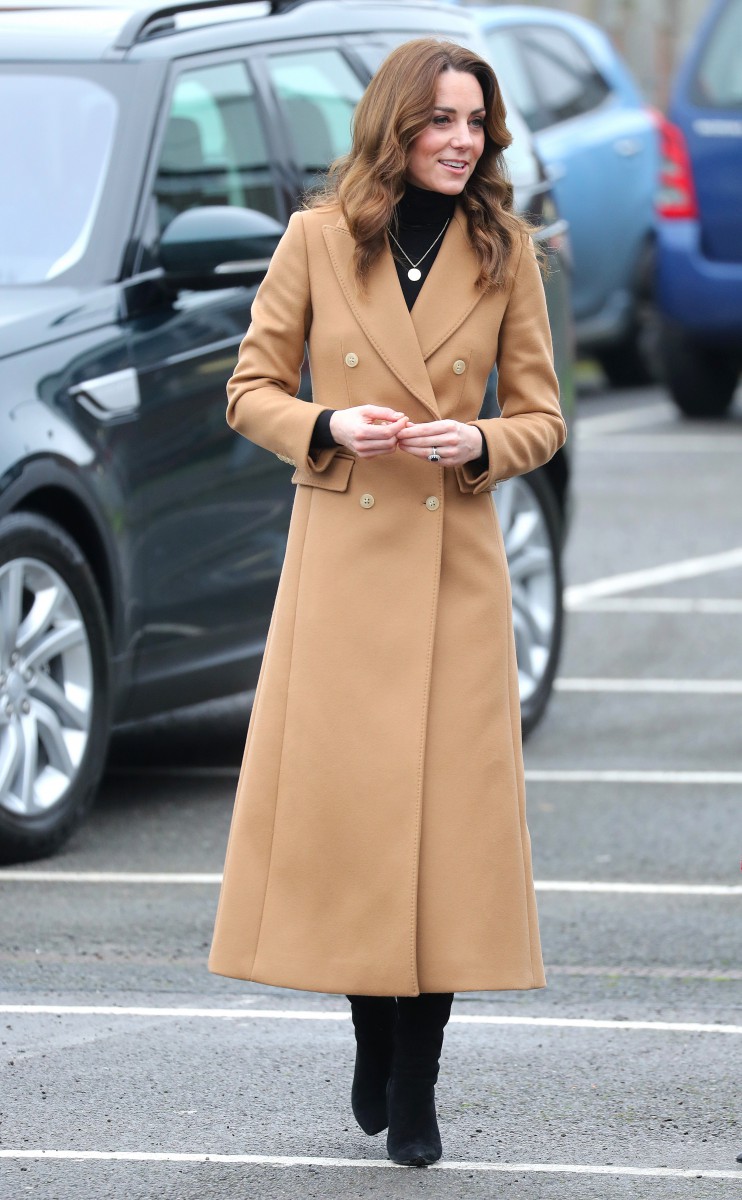 The duchess wore a long brown coat for the visit in Cardiff
