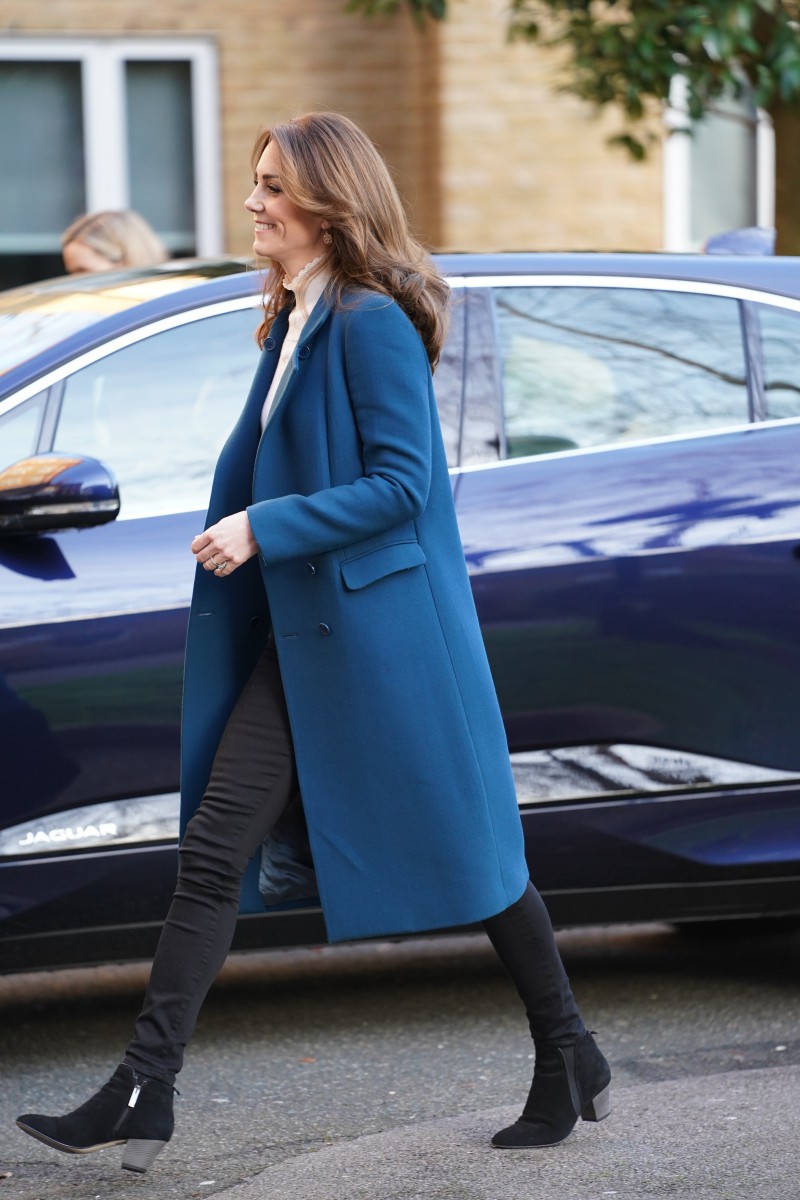The royal wore a long blue coat for today's event