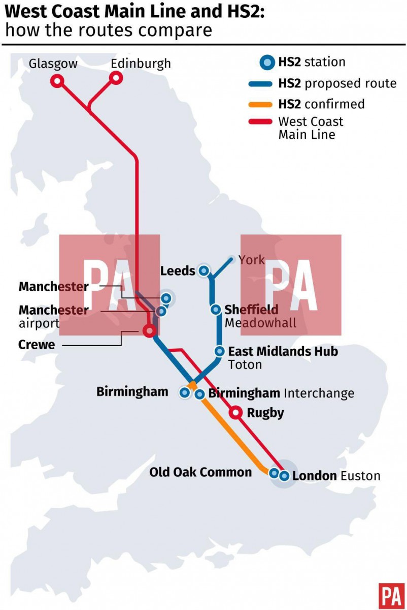 The new proposed route vs West Coast Main Line