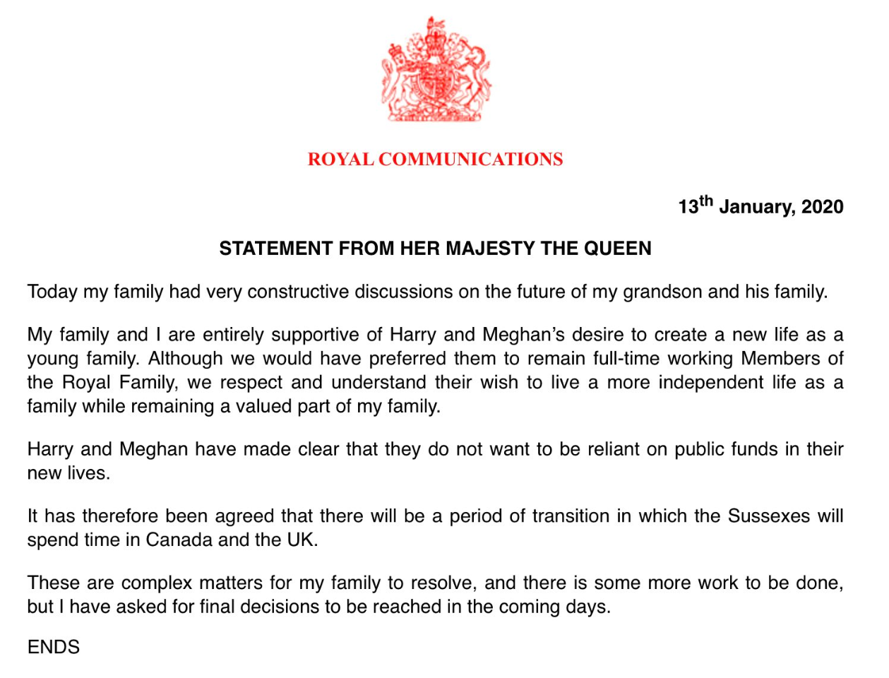 The Queen released a statement