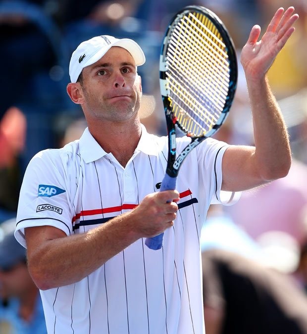 ndy Roddick of the United States celebrates after defeating Rhyne Williams of the United States in their men's singles first round match on Day Two of the 2012 US Open 