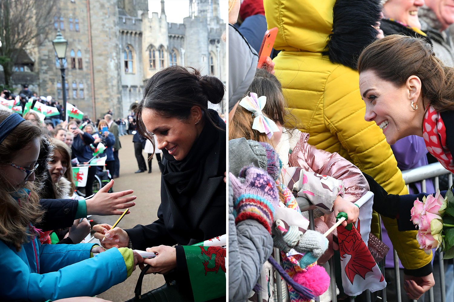 Meghan Markle giving a girl an autograph, Kate Middleton chatting to a little girl