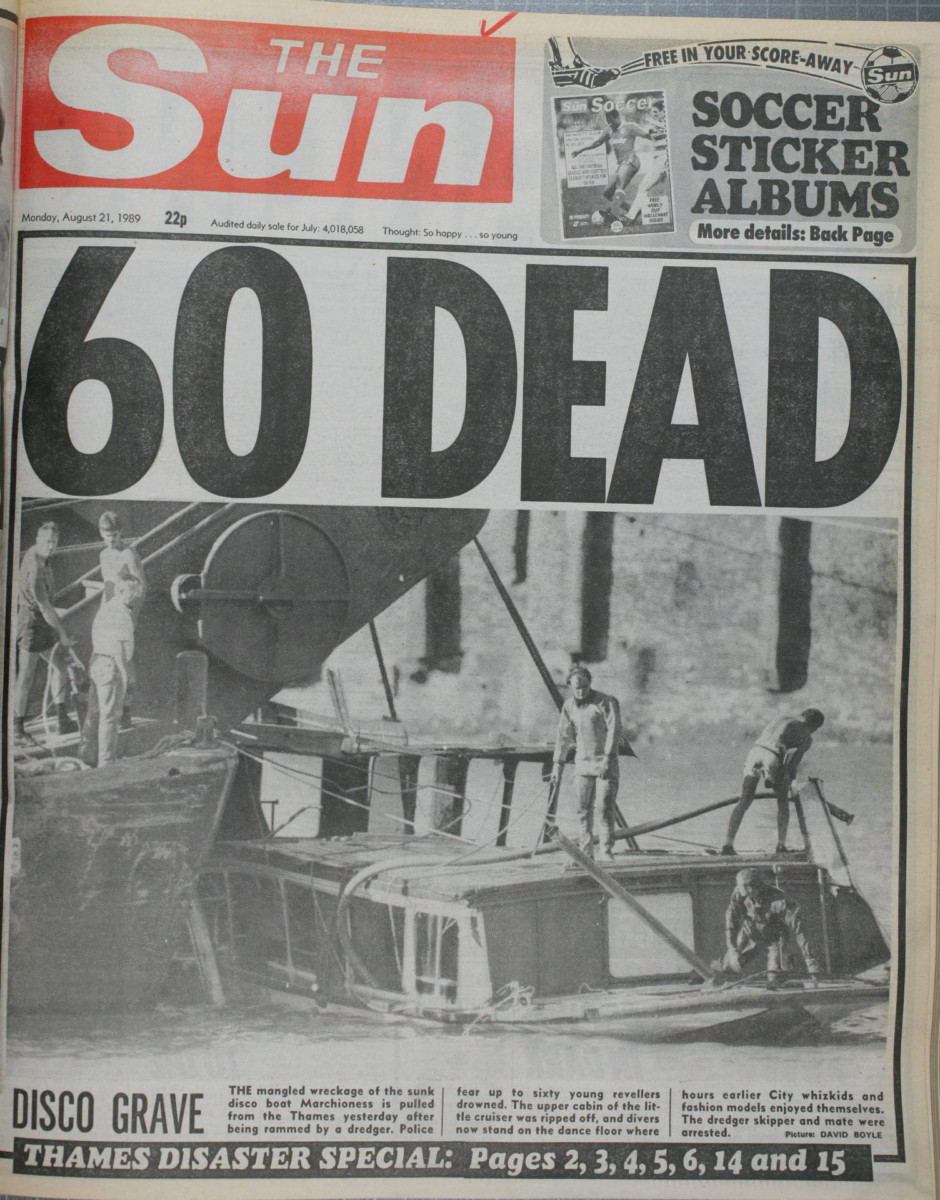 The disaster, in which a pleasure steamer sank near Southwark Bridge on the Thames, featured on HOARs front page