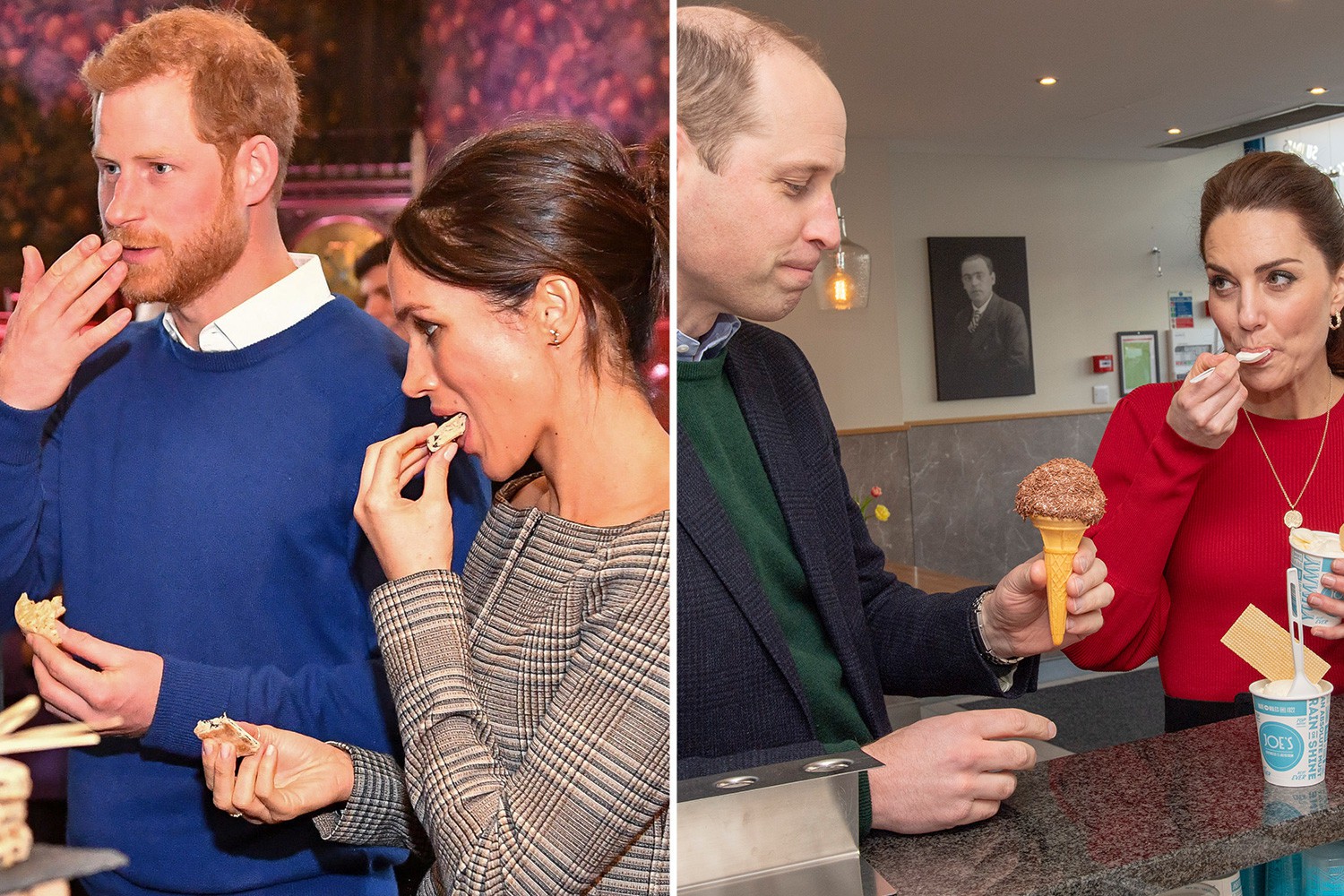 Prince Harry and Meghan Markle having a snack, Prince William and Kate Middleton having an ice cream