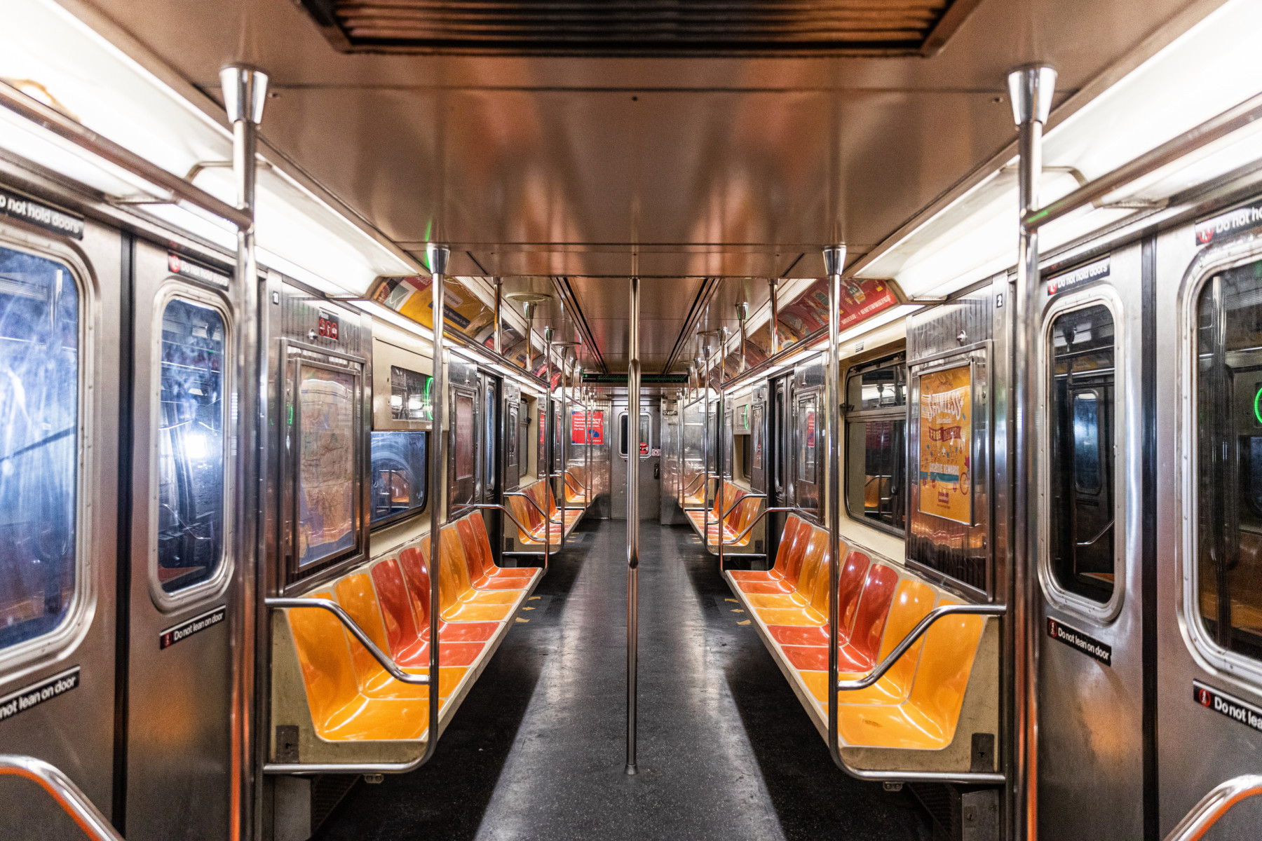 A New York subway car is completely void of people during peak hours