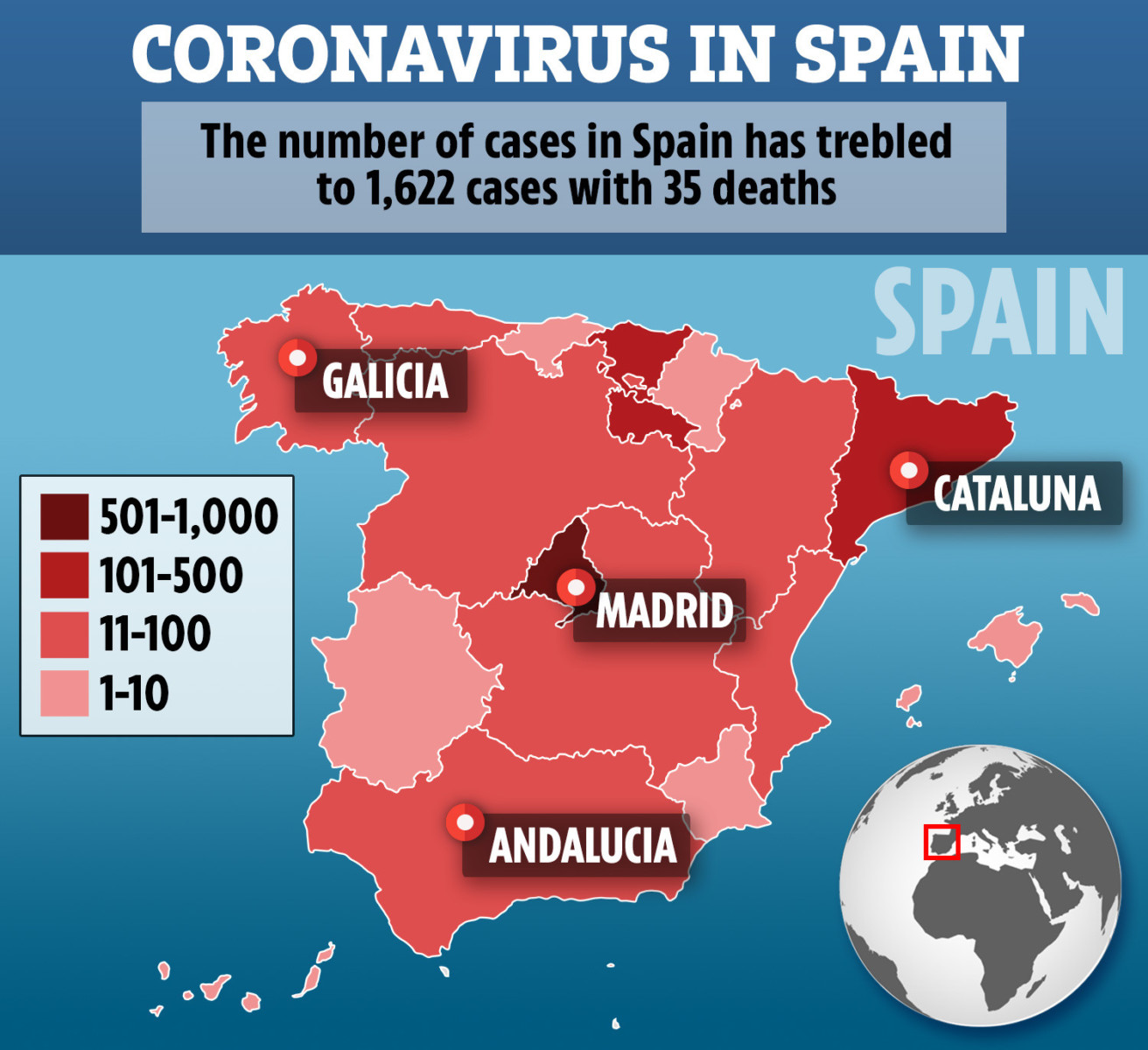  The confirmed cases of coronavirus in Spain