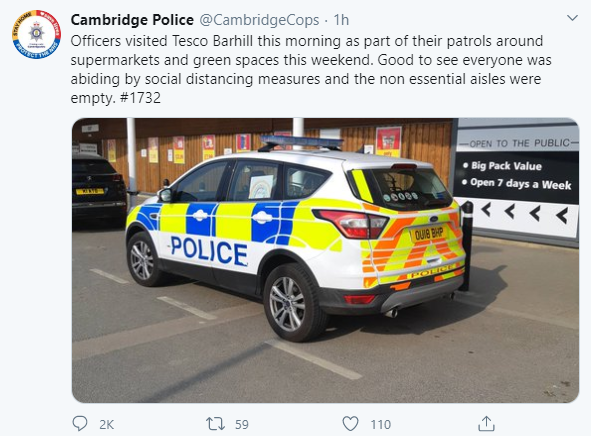 Cambridge Police sparked blacklash this morning after tweeting about patrolling in a Tesco this morning