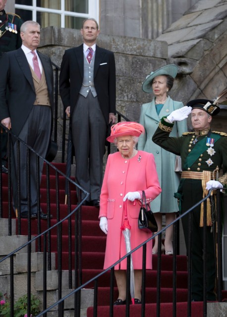 The Queen, 93, attending a garden party at the Palace of Holyroodhouse, Edinburgh, July 3 2019, with, from left, Prince Andrew, Prince Edward and Princess Anne