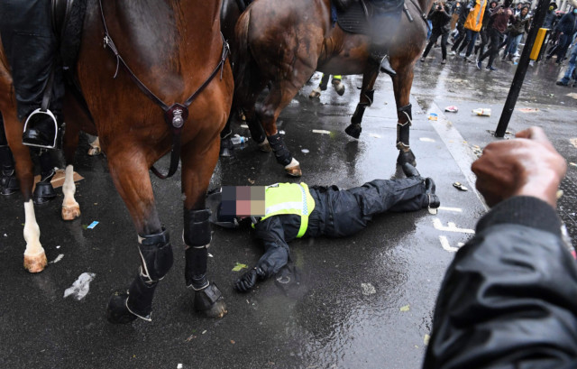 A cop lays on the ground after getting knocked off his horse