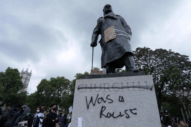 The Winston Churchill memorial was defaced again in London today