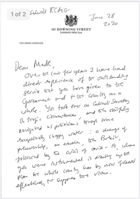 The PM sent Sir Mark a handwritten farewell letter