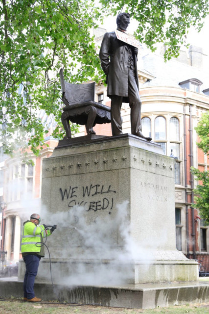 The Abraham Lincoln statue in Parliament Square is cleaned