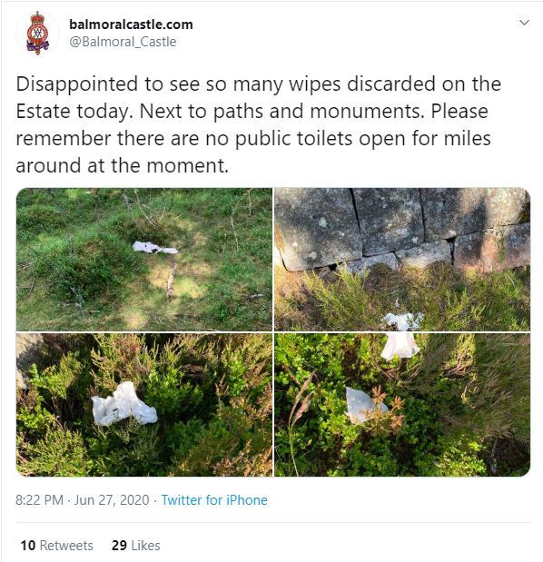The Twitter account posted pictures of discarded wipes