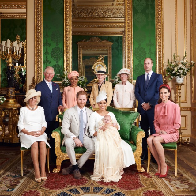 Prince Harry and Meghan Markle pose with little Archie and their family including Prince Charles and Camilla, Doria Ragland, Lady Jane Fellowes, Lady Sarah McCorquodale, and Prince William
