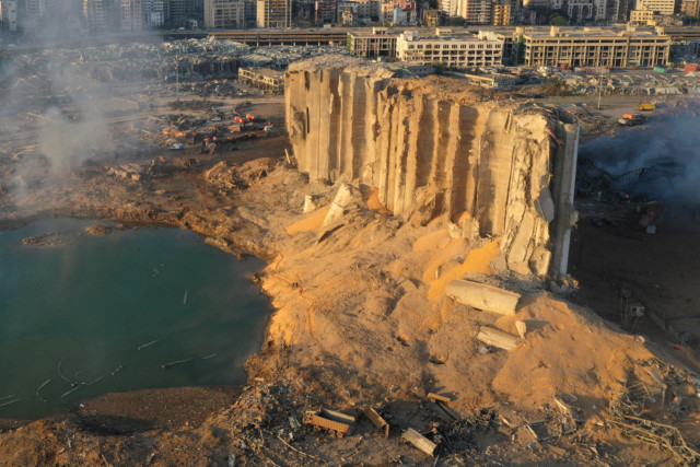 This drone picture shows destroyed silo at the seaport of Beirut