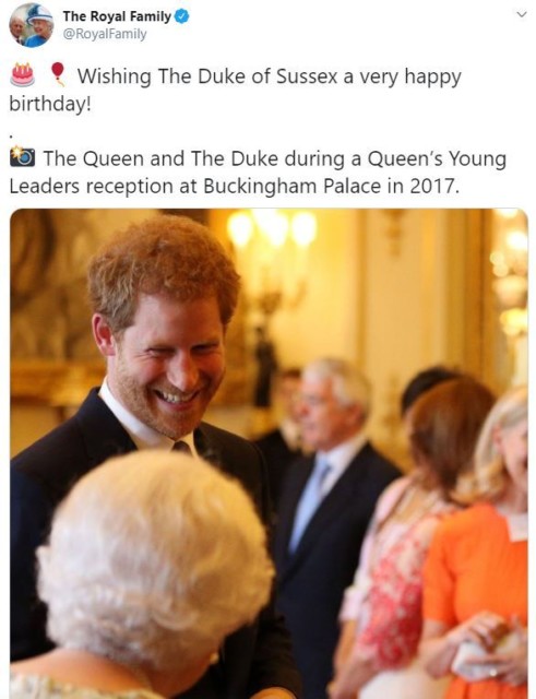 The Queen shared a birthday message to her grandson Prince Harry as he turned 36 today