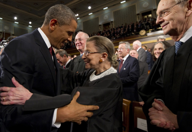 Barack Obama is greeted by Supreme Court Justices Ruth Bader Ginsburg in 2010
