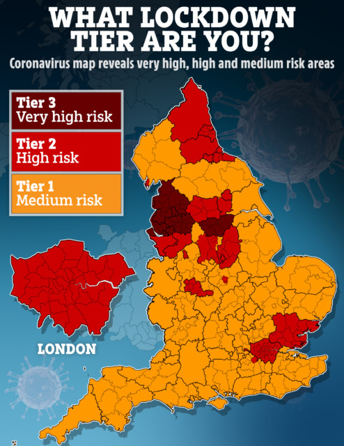 One in every two people living in England now faces tough new tier two or three lockdown rules