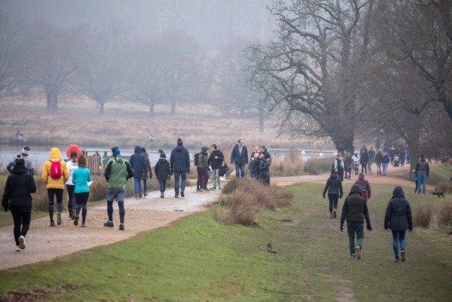 Members of the public enjoying a stroll in a busy Richmond Park in south-west London today