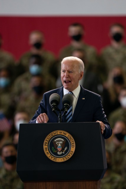 US President Joe Biden addresses US Air Force personnel at RAF Mildenhall in Suffolk