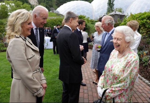 Her Majesty The Queen speaks to the First Lady, Dr Jill Biden as she arrives for the G7 leaders summit reception & dinner at the Eden Project