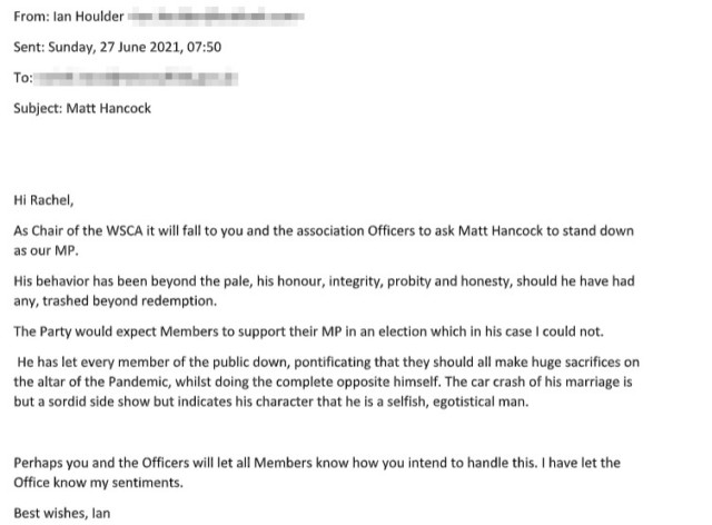 One fuming Tory councillor sent a stinging letter to Matt Hancock's local party demanding he is axed as the MP