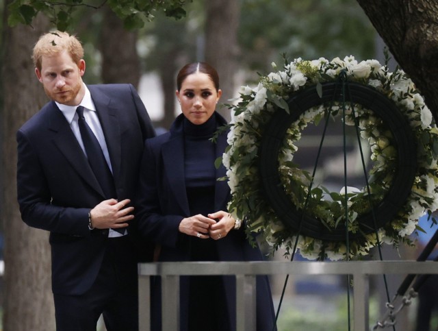 The Duke and Duchess of Sussex pay their respects at a wreath at the 9/11 Memorial and Museum