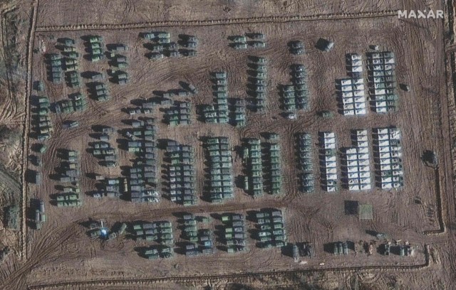 A satellite image showing the presence of a large ground forces deployment on the northern edge of the town of Yelnya in Smolensk Oblast, Russia