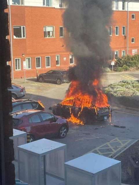 Dramatic pictures showed the cab in flames outside the hospital