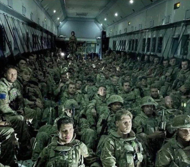 Soldiers crammed into an A400 on their way home from Afghanistan